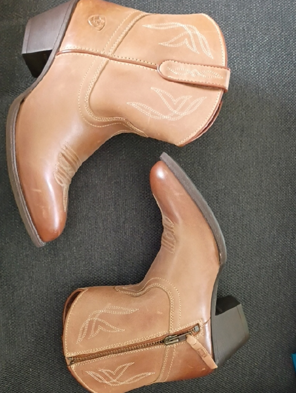 Ariat Tan Leather Western Ankle Boots with Side Zip